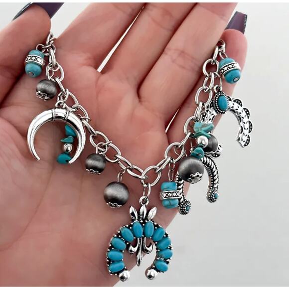 Chunky Retro Cowboy Charm Bracelet Equestrian Southwestern Turquoise Sto… - Picture 2 of 9